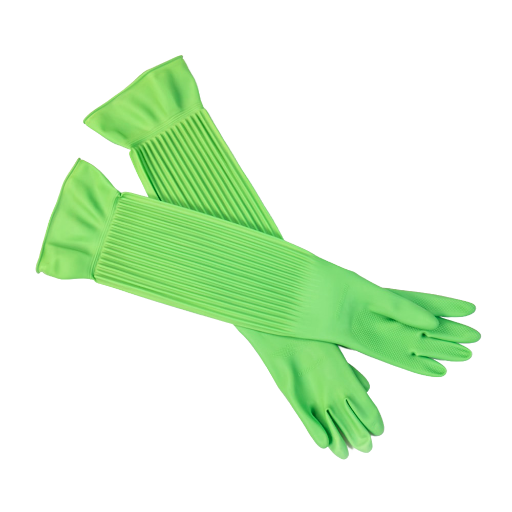 Pair of bright green arm-length cleaning gloves made of thick, durable latex, designed for household cleaning, gardening, and protection from chemicals, ideal for Home & Decor and Cleaning Utensils collections.