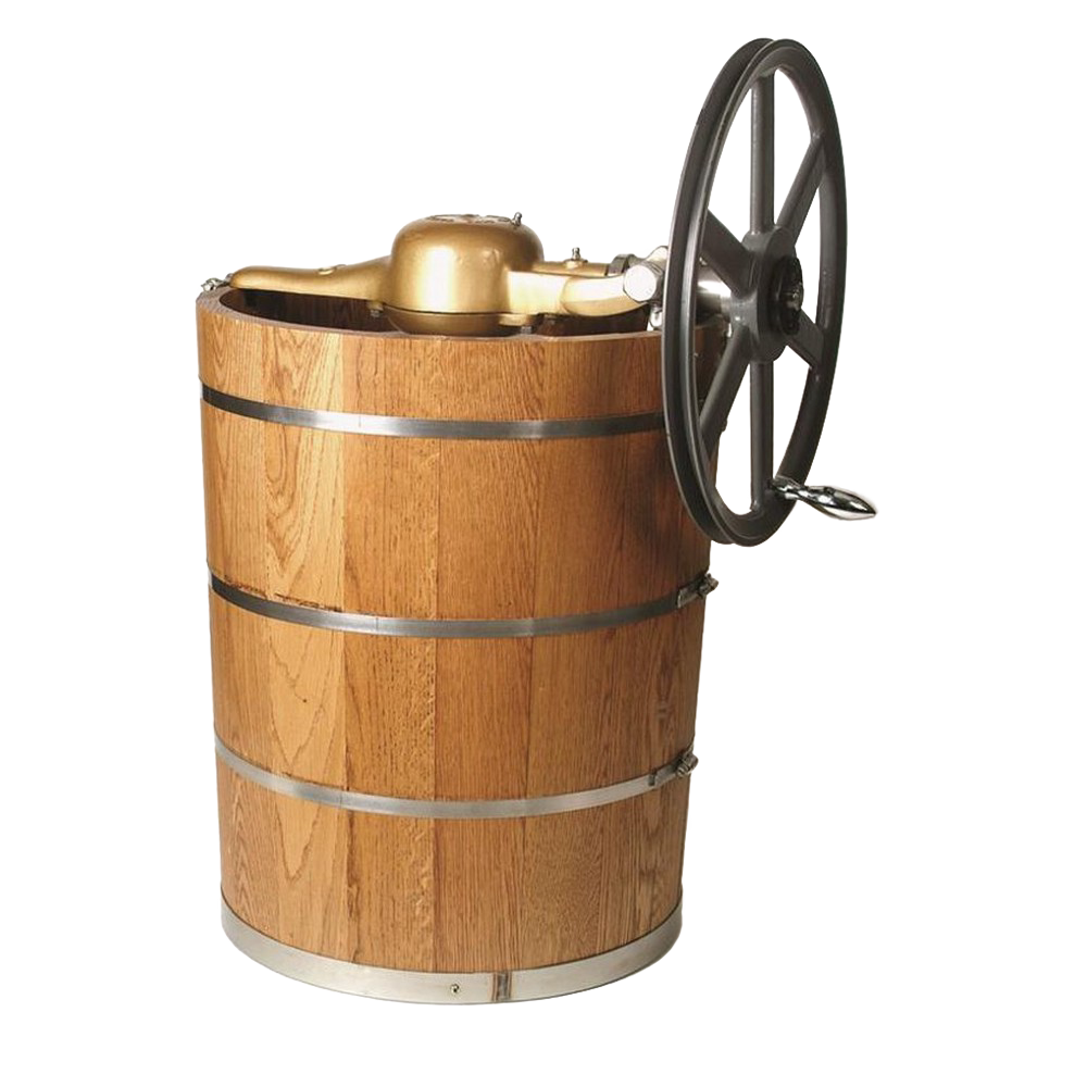 Tall wooden ice cream freezer with sturdy metal bands and large black flywheel handle, crafted with rugged USA made construction, featured in Kitchen & Food and Specialty Equipment collections.