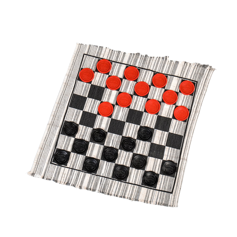 Handcrafted jumbo checker rug game with machine-washable woven fabric in black and white stripes, featuring red and black pieces, ideal for Toys, Books & Games and USA Made collections.