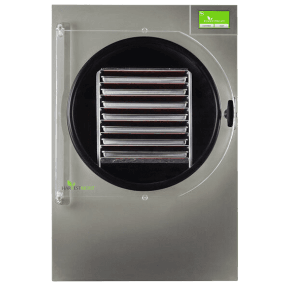 Stainless steel freeze dryer with clear circular door showcasing multiple metal trays inside, featuring a green digital control panel, designed for Kitchen & Food, Food Preservation, Freezing, Drying, and Best Sellers collections.
