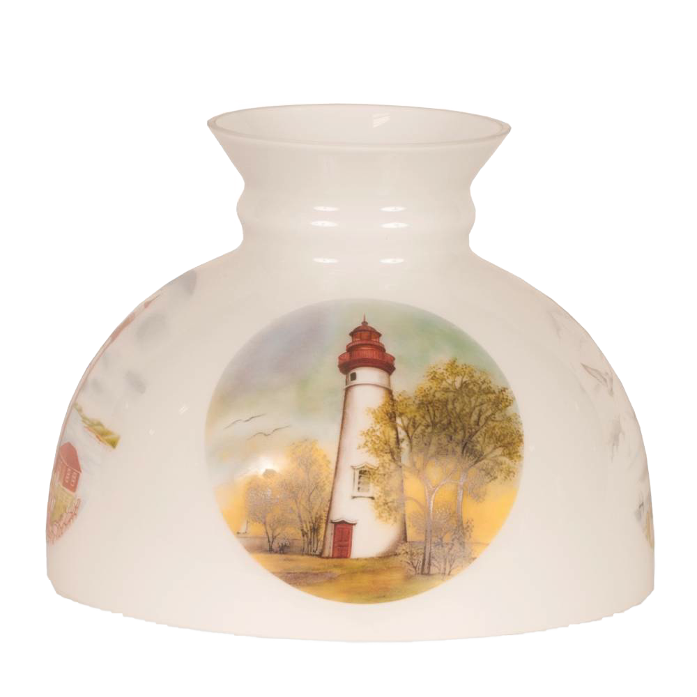 Opaque white glass lamp shade featuring a painted lighthouse scene with trees and a sunset sky, handcrafted accessory for Lamps & Lighting, Parts and Accessories, Lamp Shades collections.