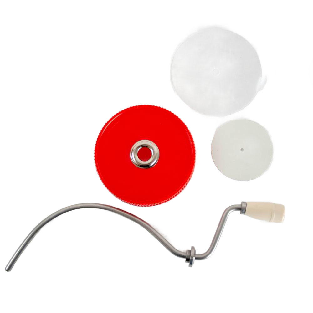Handcrafted old fashioned peanut butter stirrer with molded plastic knob, metal crank, and vibrant red lid, made in USA and featured in Kitchen & Food, Food Prep, and Best Sellers collections.