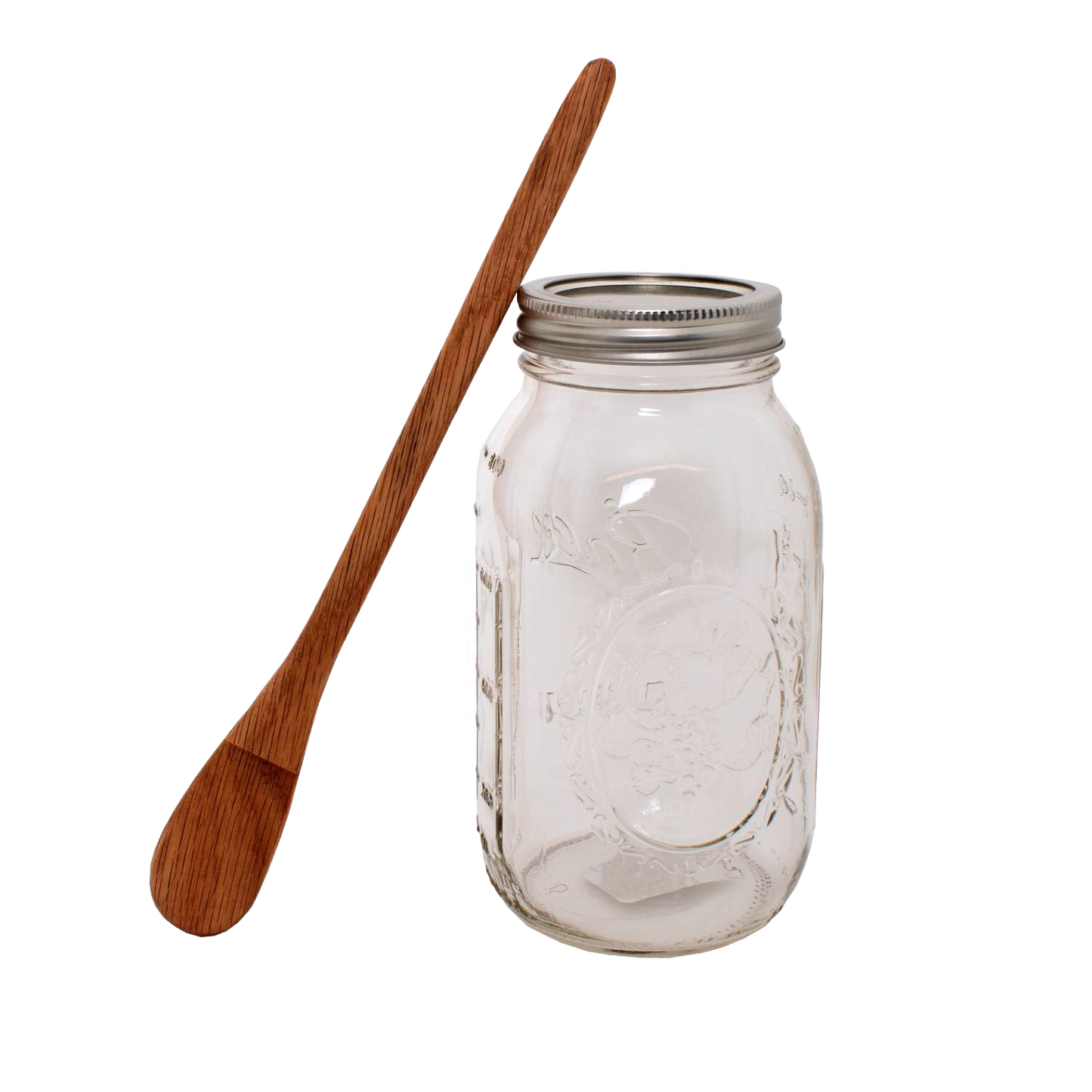 Handcrafted oak jar opener with smooth finish beside a clear mason jar with metal lid, designed to easily release canning jar lids, featured in Kitchen & Food and Canning Accessories collections.