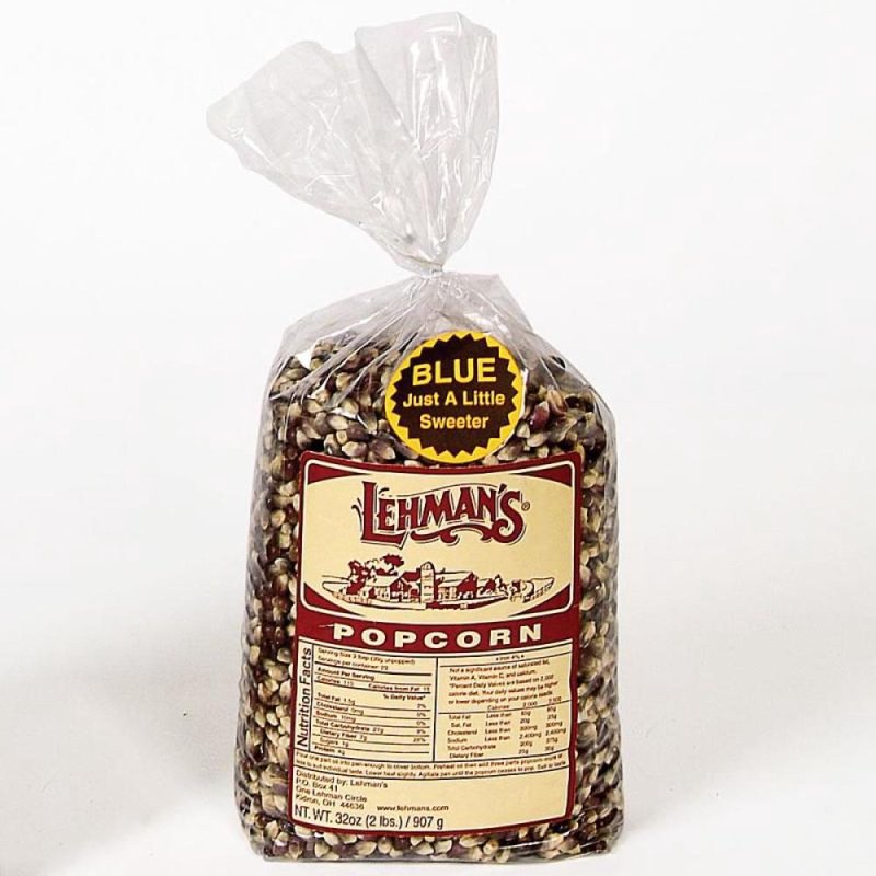 Clear plastic bag of medium blue kernel popcorn with detailed nutritional label and Lehman's logo, promoting a slightly sweeter, non-GMO snack, featured in Kitchen & Food and USA Made collections.