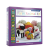 Purple box packaging for a handcrafted felted farm animal craft kit featuring colorful wool fleece animals including a pig, rabbit, duck, sheep, and chick, made in the USA, in collections Toys, Books & Games and Arts and Crafts.