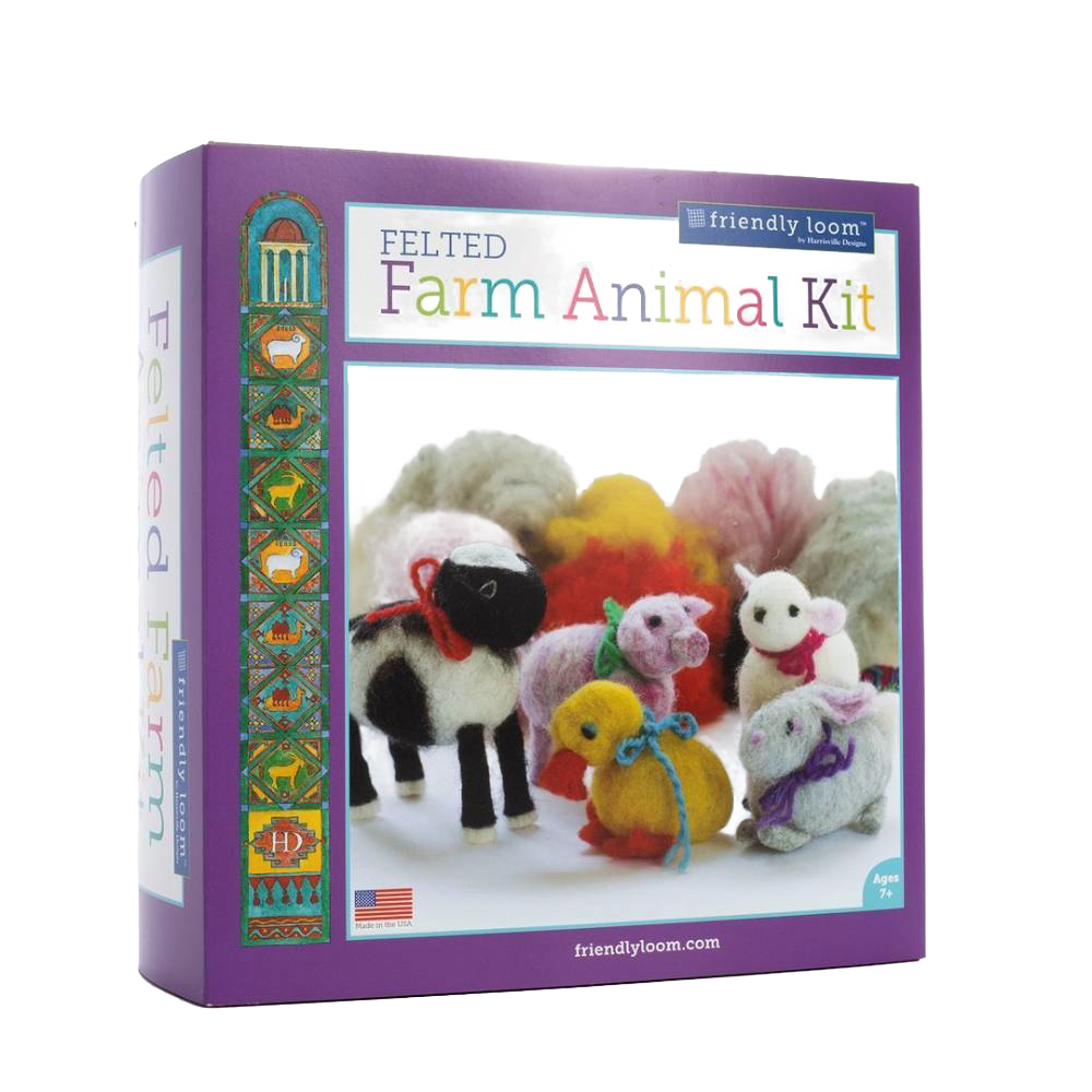 Purple box packaging for a handcrafted felted farm animal craft kit featuring colorful wool fleece animals including a pig, rabbit, duck, sheep, and chick, made in the USA, in collections Toys, Books & Games and Arts and Crafts.