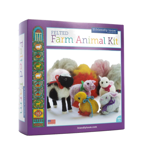 Purple box packaging for a handcrafted felted farm animal craft kit featuring colorful wool fleece animals including a pig, rabbit, duck, sheep, and chick, made in the USA, in collections Toys, Books & Games and Arts and Crafts.