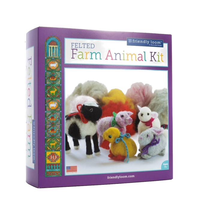 Purple box packaging for a handcrafted felted farm animal craft kit featuring colorful wool fleece animals including a pig, rabbit, duck, sheep, and chick, made in the USA, in collections Toys, Books & Games and Arts and Crafts.