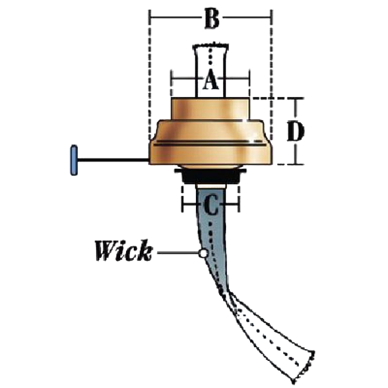 Detailed illustration of a replacement oil lantern burner with labeled dimensions showing the wick, designed for lamps and lighting, camping, emergency supplies, and outdoor use collections.