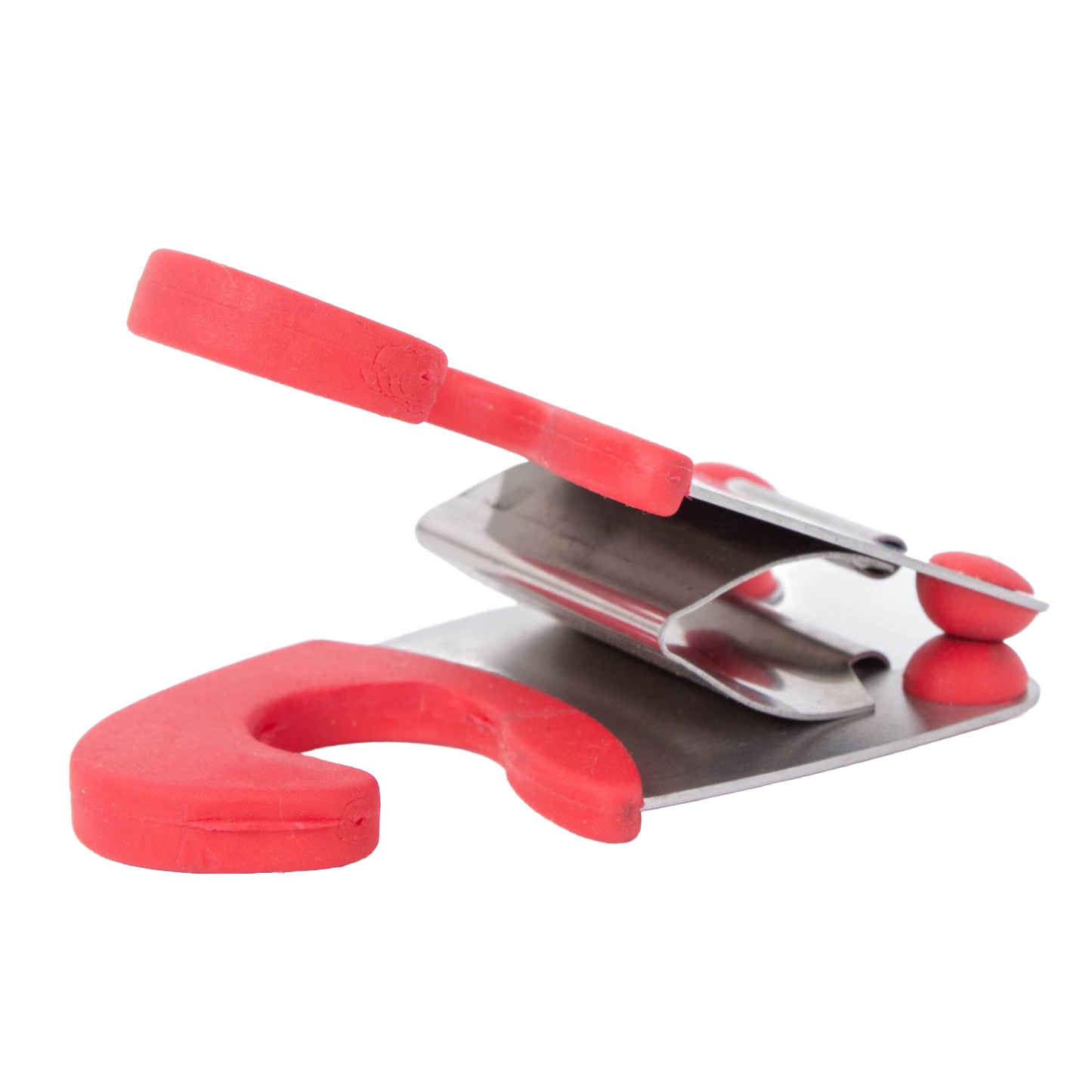 Stainless steel pot clip with red silicone grip designed to hold spoons securely off surfaces, ideal for use in Kitchen & Food, Kitchen Gadgets, and Cooking and Baking Helpers collections.