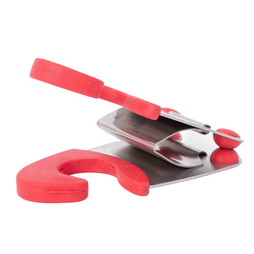 Stainless steel pot clip with red silicone grip designed to hold spoons securely off surfaces, ideal for use in Kitchen & Food, Kitchen Gadgets, and Cooking and Baking Helpers collections.