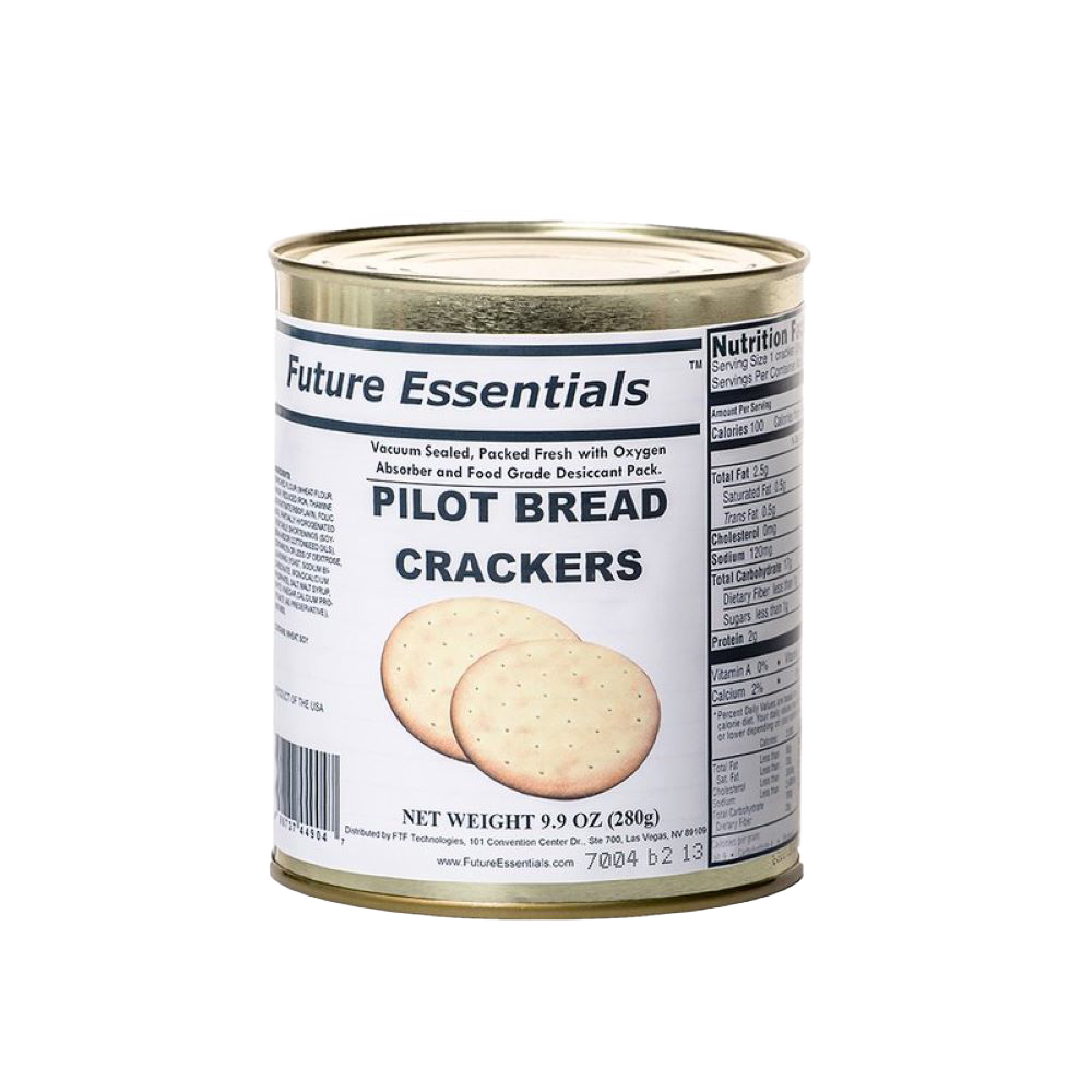 Metal can of vacuum-sealed handcrafted pilot bread crackers with oxygen absorber and food-grade desiccant, perfect for emergency supplies, pantry, kitchen, and farm collections.