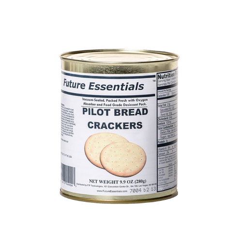 Metal can of vacuum-sealed handcrafted pilot bread crackers with oxygen absorber and food-grade desiccant, perfect for emergency supplies, pantry, kitchen, and farm collections.