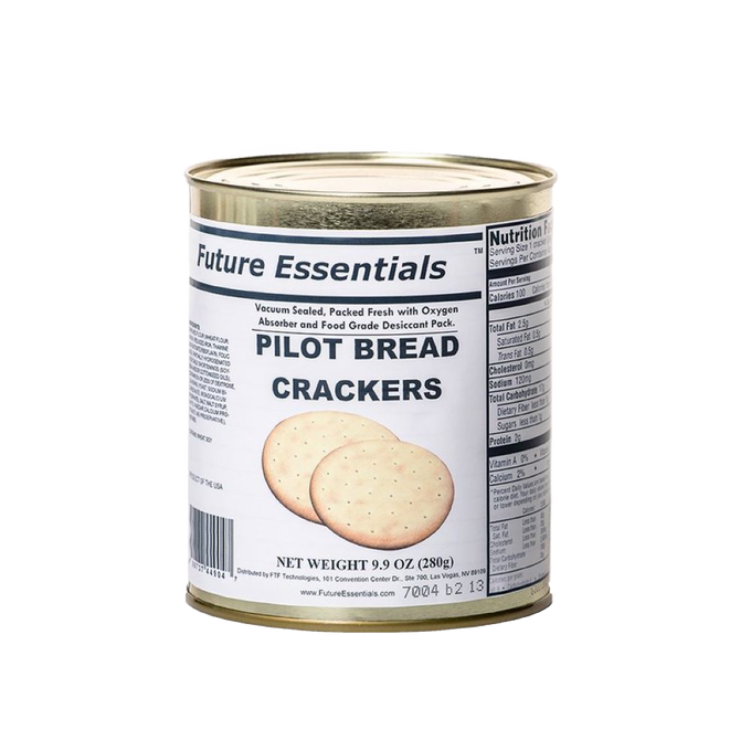 Metal can of vacuum-sealed handcrafted pilot bread crackers with oxygen absorber and food-grade desiccant, perfect for emergency supplies, pantry, kitchen, and farm collections.