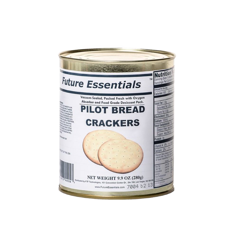 Metal can of vacuum-sealed handcrafted pilot bread crackers with oxygen absorber and food-grade desiccant, perfect for emergency supplies, pantry, kitchen, and farm collections.