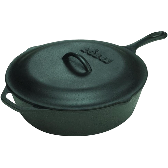 Extra deep cast iron chicken fryer with lid featuring self-basting nubs for even moisture, pre-seasoned and ideal for versatile cooking in kitchen and cookware collections.