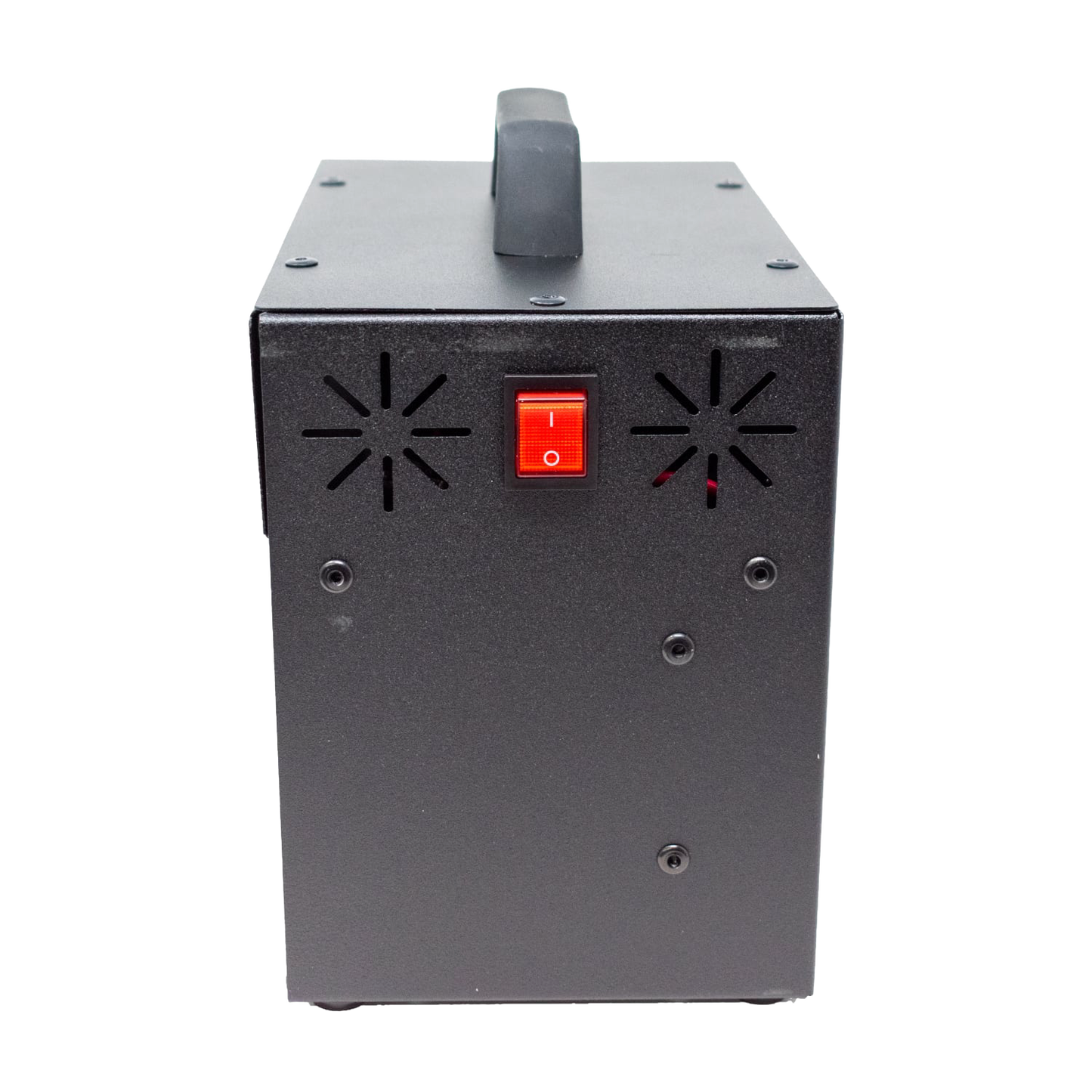 Compact black metal inverter unit with a sturdy handle on top, featuring a red power switch and ventilation slots, designed for farm, garden, and emergency power needs.