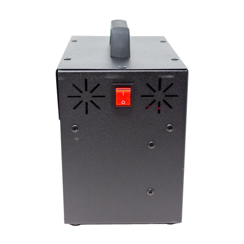 Compact black metal inverter unit with a sturdy handle on top, featuring a red power switch and ventilation slots, designed for farm, garden, and emergency power needs.