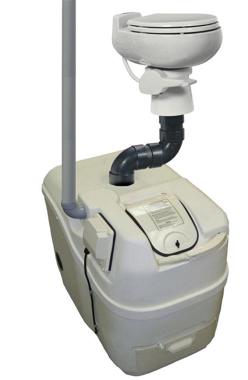 Compact composting toilet system with white seat and beige base featuring vent pipe and plumbing, designed for narrow spaces and seasonal use in appliances and composting toilets collections.