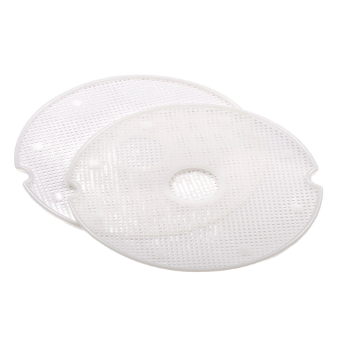 Two flexible, nonstick mesh screens designed for food drying, featuring fine holes that prevent small items from falling through dehydrator trays, ideal for kitchen and food preservation.