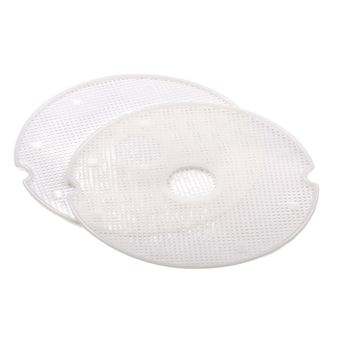 Two flexible, nonstick mesh screens designed for food drying, featuring fine holes that prevent small items from falling through dehydrator trays, ideal for kitchen and food preservation.