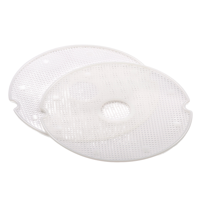 Two flexible, nonstick mesh screens designed for food drying, featuring fine holes that prevent small items from falling through dehydrator trays, ideal for kitchen and food preservation.