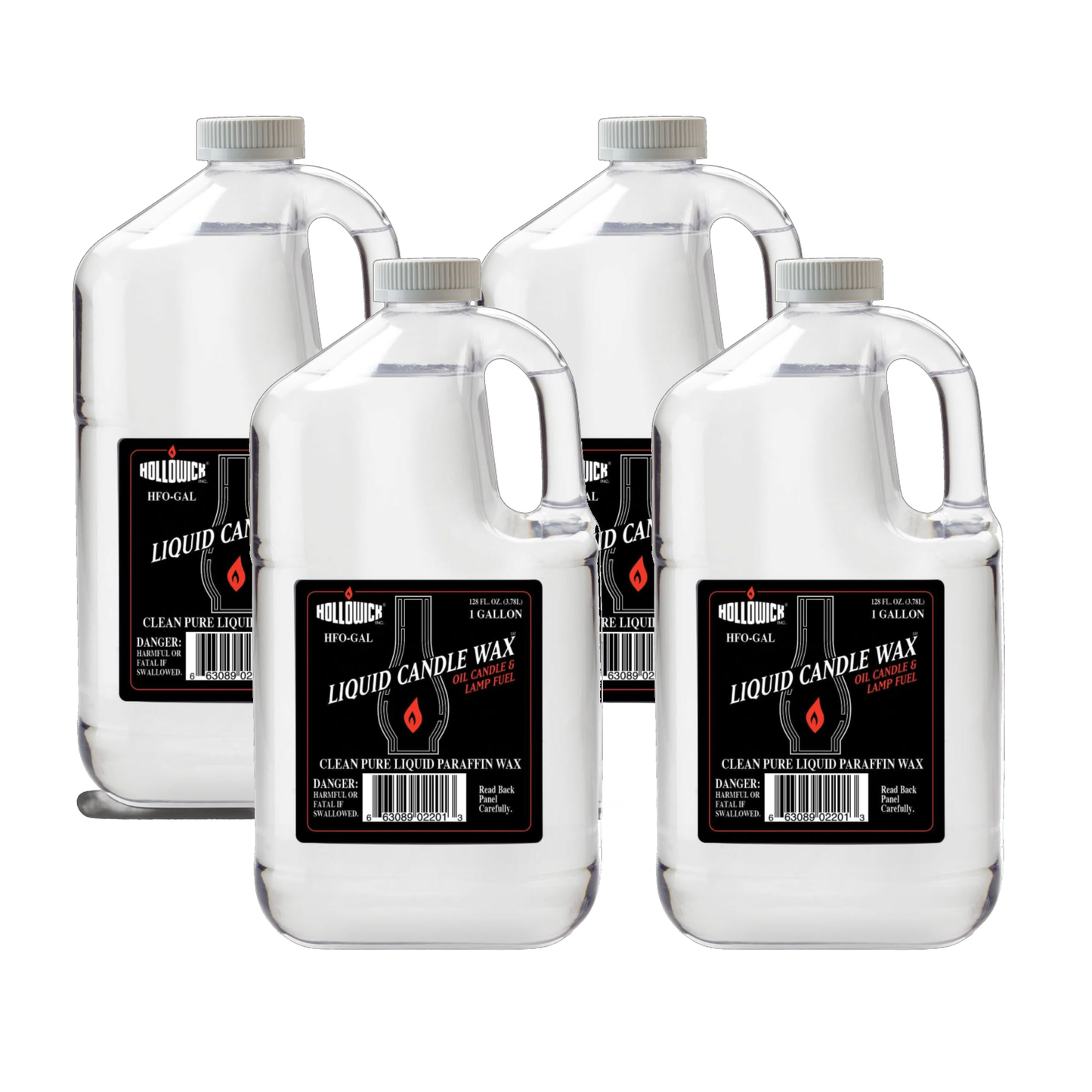 Set of four clear plastic gallon jugs of liquid candle wax fuel with black labels and red flame icons, featured in Lamps & Lighting, Parts and Accessories, Lamp and Lantern Fuel, Best Sellers, and Promo Eligible collections.