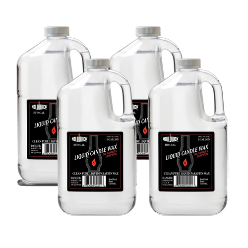 Set of four clear plastic gallon jugs of liquid candle wax fuel with black labels and red flame icons, featured in Lamps & Lighting, Parts and Accessories, Lamp and Lantern Fuel, Best Sellers, and Promo Eligible collections.