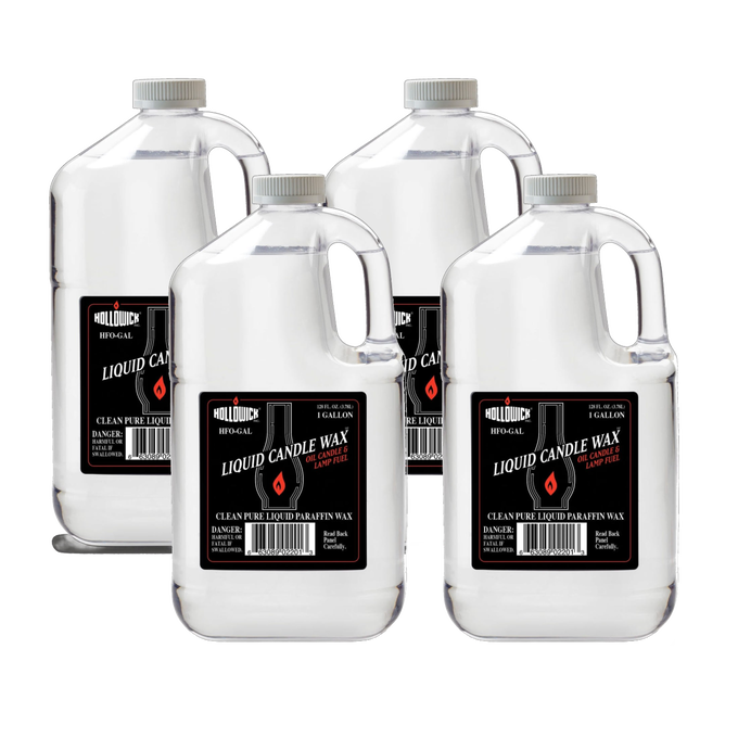 Set of four clear plastic gallon jugs of liquid candle wax fuel with black labels and red flame icons, featured in Lamps & Lighting, Parts and Accessories, Lamp and Lantern Fuel, Best Sellers, and Promo Eligible collections.