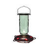 Clear glass vintage-style hummingbird feeder with five red flower-shaped feeding ports and a burnt penny plastic base, ideal for farm, garden, and animal care use.