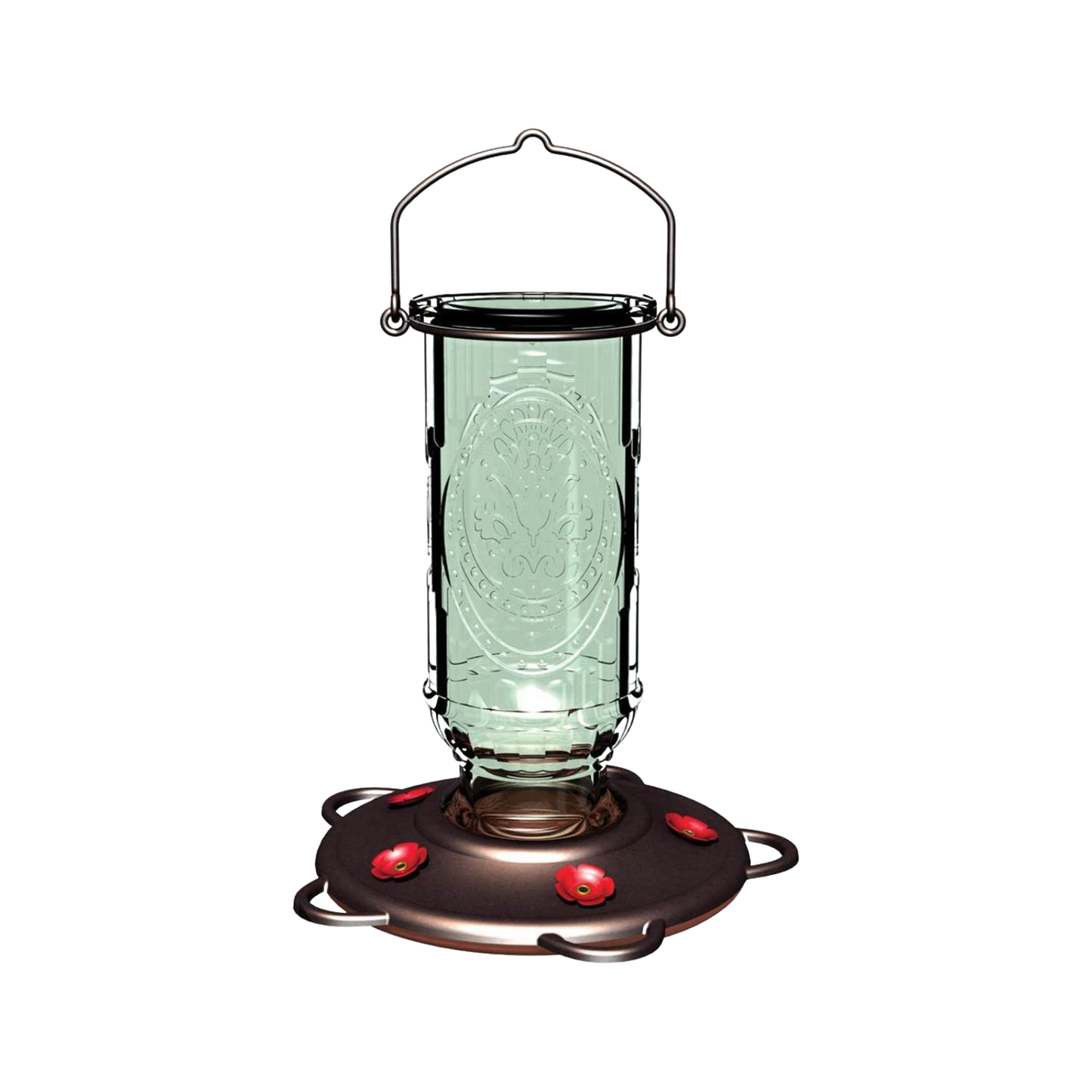 Clear glass vintage-style hummingbird feeder with five red flower-shaped feeding ports and a burnt penny plastic base, ideal for farm, garden, and animal care use.