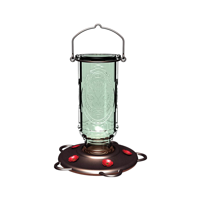 Clear glass vintage-style hummingbird feeder with five red flower-shaped feeding ports and a burnt penny plastic base, ideal for farm, garden, and animal care use.