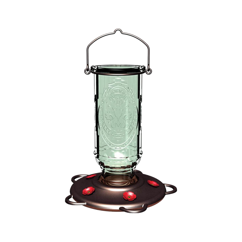 Clear glass vintage-style hummingbird feeder with five red flower-shaped feeding ports and a burnt penny plastic base, ideal for farm, garden, and animal care use.