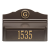 Custom wall mount mailbox in bronze with gold accents, featuring a personalized house number and monogram, handcrafted in USA, ideal for Home & Decor and Mailboxes collections.
