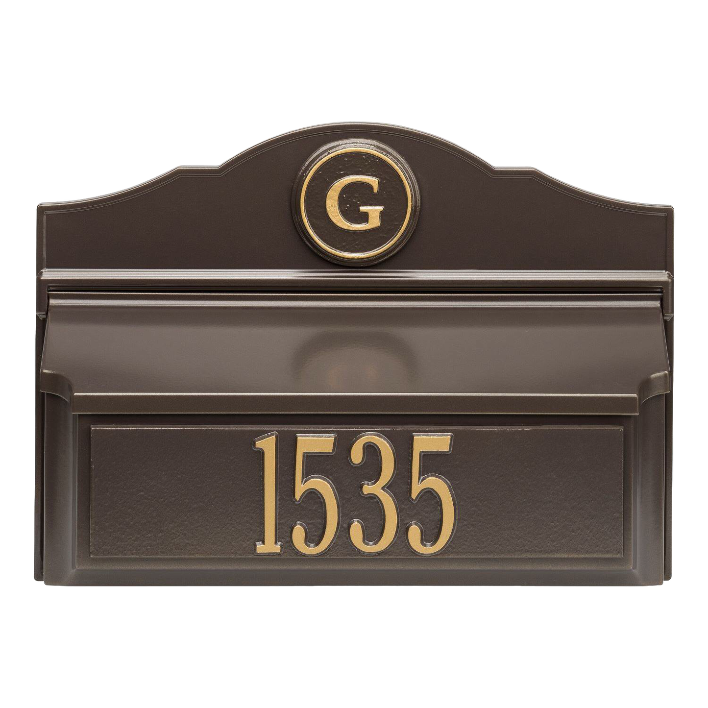 Custom wall mount mailbox in bronze with gold accents, featuring a personalized house number and monogram, handcrafted in USA, ideal for Home & Decor and Mailboxes collections.
