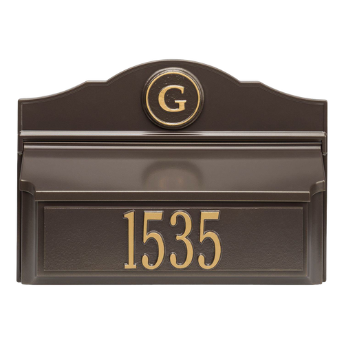 Custom wall mount mailbox in bronze with gold accents, featuring a personalized house number and monogram, handcrafted in USA, ideal for Home & Decor and Mailboxes collections.