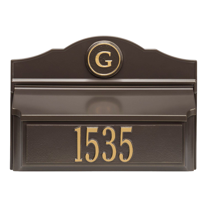 Custom wall mount mailbox in bronze with gold accents, featuring a personalized house number and monogram, handcrafted in USA, ideal for Home & Decor and Mailboxes collections.