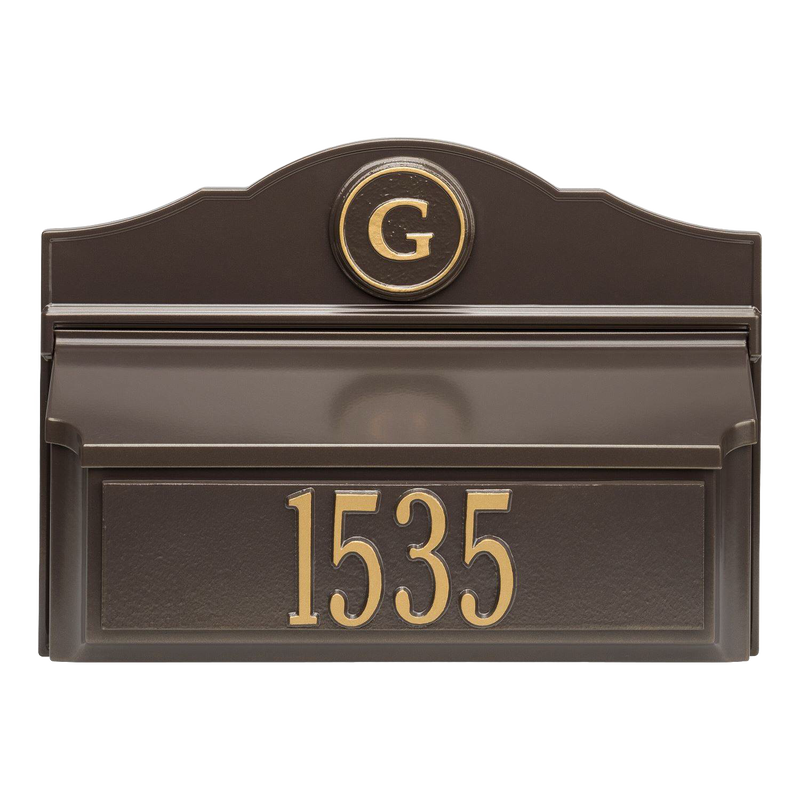Custom wall mount mailbox in bronze with gold accents, featuring a personalized house number and monogram, handcrafted in USA, ideal for Home & Decor and Mailboxes collections.