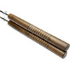 Handcrafted wooden handles with grooved grips on a cast iron hot dog pie iron, designed for Farm, Garden & Tool, Camping, Best Sellers, and Promo Eligible collections.