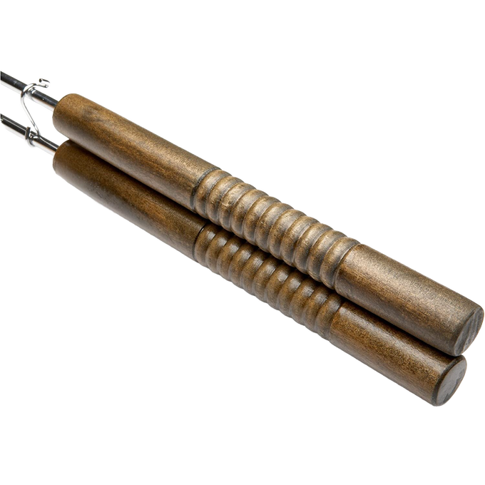 Handcrafted wooden handles with grooved grips on a cast iron hot dog pie iron, designed for Farm, Garden & Tool, Camping, Best Sellers, and Promo Eligible collections.