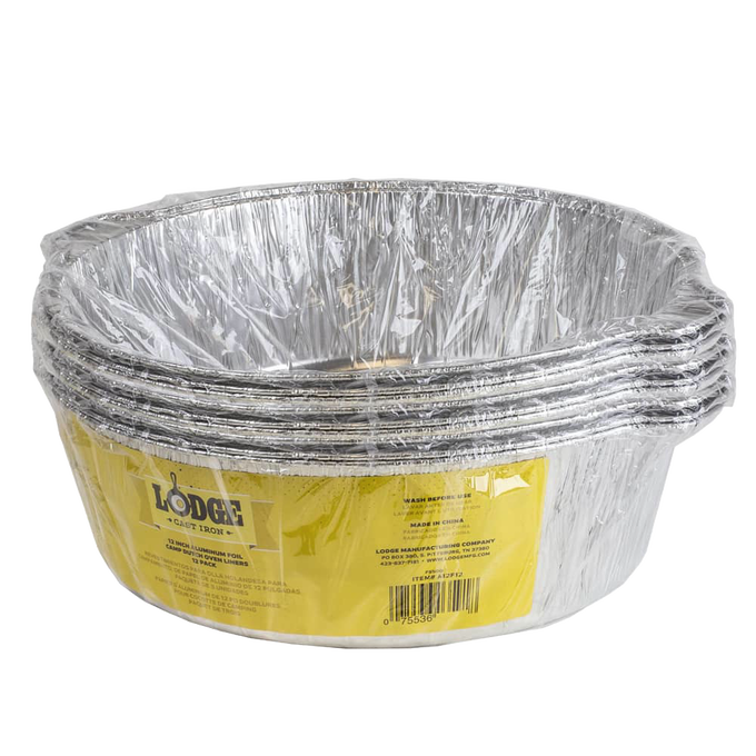 Stack of recyclable heavy gauge aluminum foil liners designed for camp Dutch ovens, making clean-up quick and easy, suitable for Kitchen & Food, Cookware, Cast Iron, and Best Sellers collections.