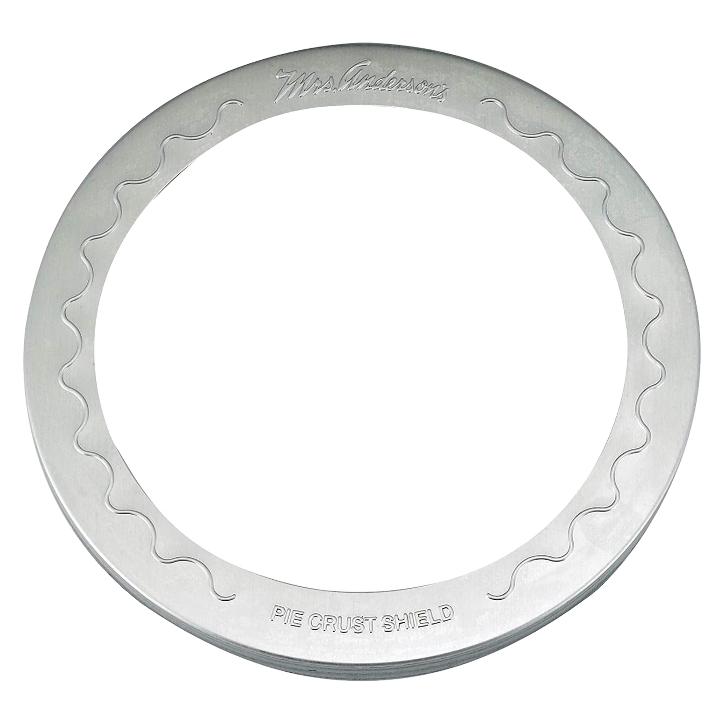 Aluminum pie crust shield with scalloped edges, designed to fit 10-inch pies and protect crusts from burning during baking, ideal for kitchen gadgets and baking supplies collections.