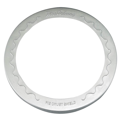 Aluminum pie crust shield with scalloped edges, designed to fit 10-inch pies and protect crusts from burning during baking, ideal for kitchen gadgets and baking supplies collections.