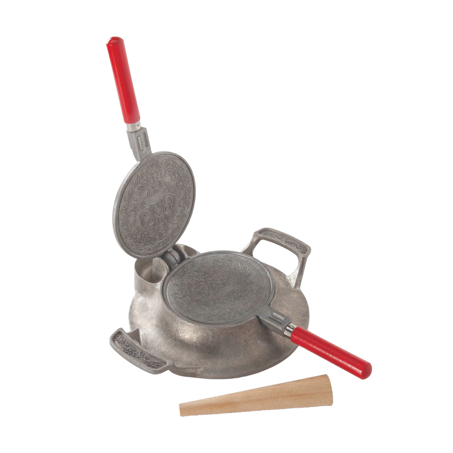 Aluminum stovetop iron with red handles and embossed cooking plates, handcrafted in USA, designed for baking traditional cookies, featured in Kitchen & Food and Cookware collections.
