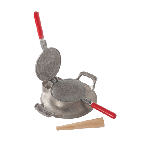 Aluminum stovetop iron with red handles and embossed cooking plates, handcrafted in USA, designed for baking traditional cookies, featured in Kitchen & Food and Cookware collections.