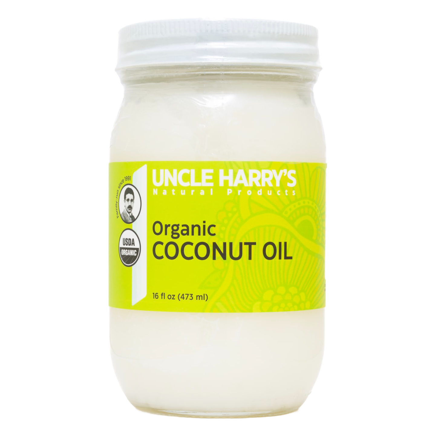 Handcrafted jar of organic coconut oil with vibrant yellow label, made in USA, featured in Health & Wellness, Kitchen & Food, Health Remedies, Pantry, Gluten Free, Best Sellers, and Promo Eligible collections.
