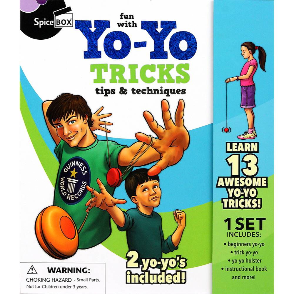 Book cover for a yo-yo trick instruction set featuring colorful illustrations of two boys performing yo-yo tricks, promoting fun indoor and outdoor play for children.