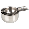 Set of six handcrafted stainless steel nesting measuring cups with easy-to-read markings, designed for compact storage and precise measuring in Kitchen & Food and Baking Supplies.