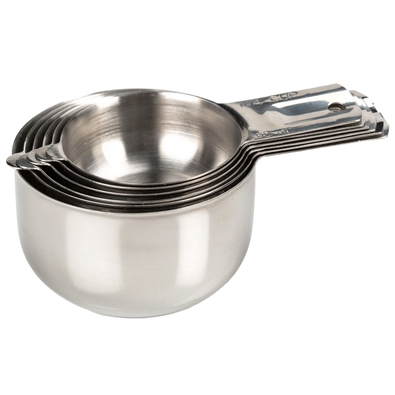Set of six handcrafted stainless steel nesting measuring cups with easy-to-read markings, designed for compact storage and precise measuring in Kitchen & Food and Baking Supplies.