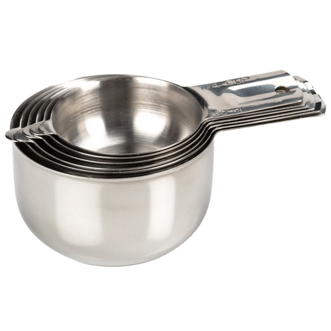 Set of six handcrafted stainless steel nesting measuring cups with easy-to-read markings, designed for compact storage and precise measuring in Kitchen & Food and Baking Supplies.
